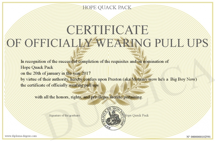 certificate of officially wearing pull ups