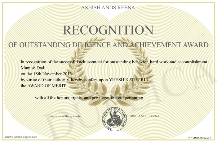 recognition of outstanding diligence and achievement award