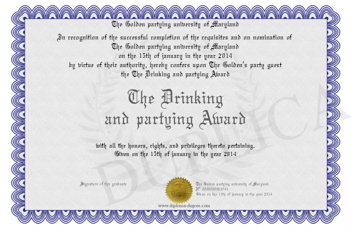 the drinking and partying award certificate of badassery
