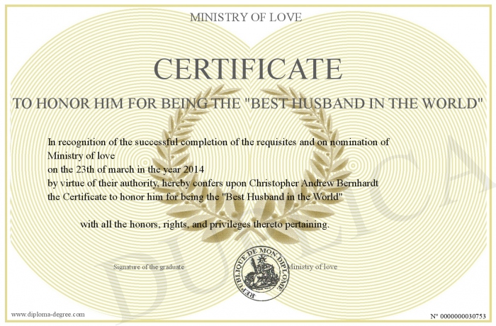 certificate to honor him for being the best husband in the world honor certificate