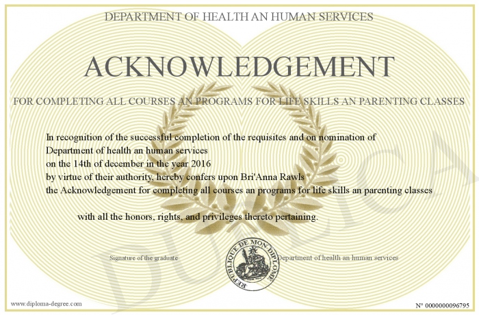 acknowledgement for completing all courses an programs for life skills an parenting classes