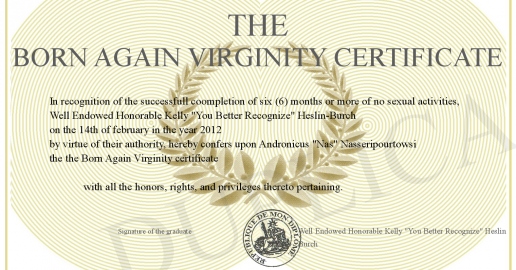 the Born Again Virginity certificate the Born Again Virginity certificate